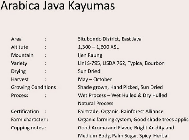 Coffee bean specification table